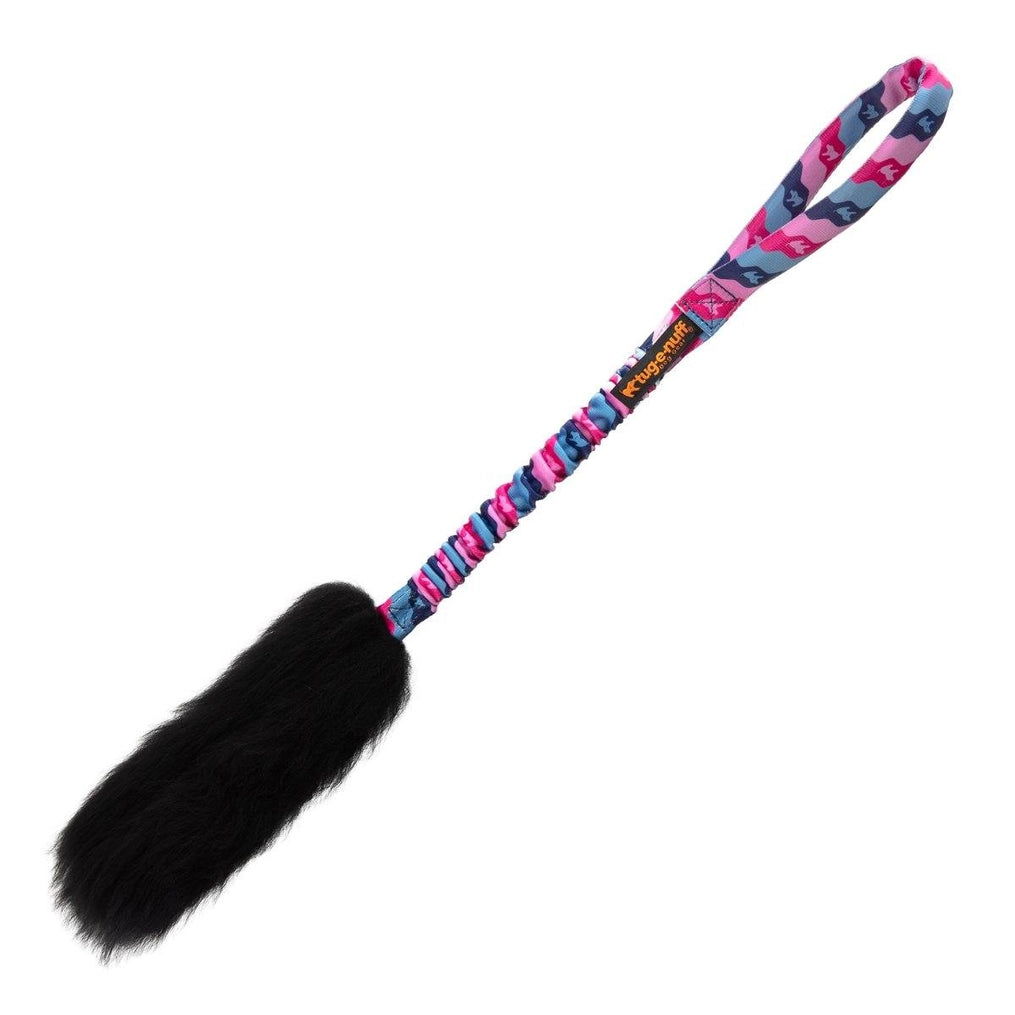 Tug-E-Nuff Wondabaa Bungee Tug met zwart schapenvacht kleur roze en blauw