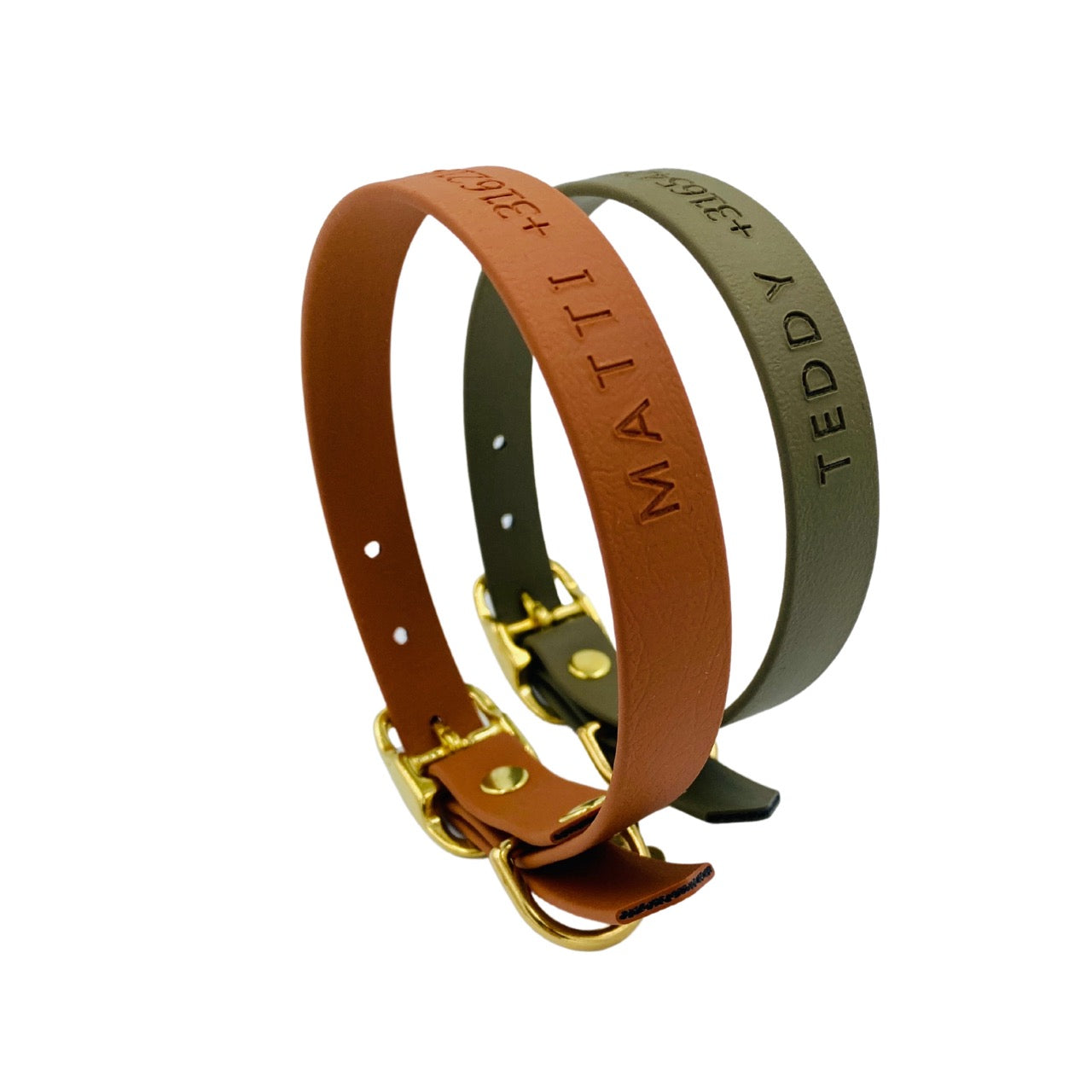 Halsband met naam en nummer BioThane in cognac en olijfgroen