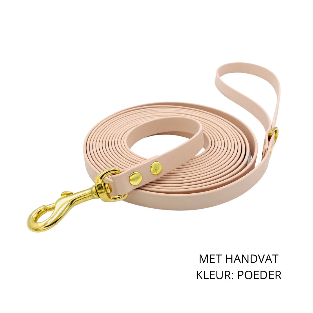 lange hondenlijn 5 meter met handvat biothane in kleur poeder