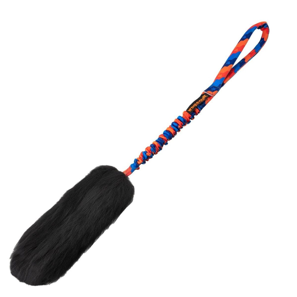 Tug-E-Nuff Wondabaa Bungee Tug met zwart schapenvacht kleur oranje en blauw