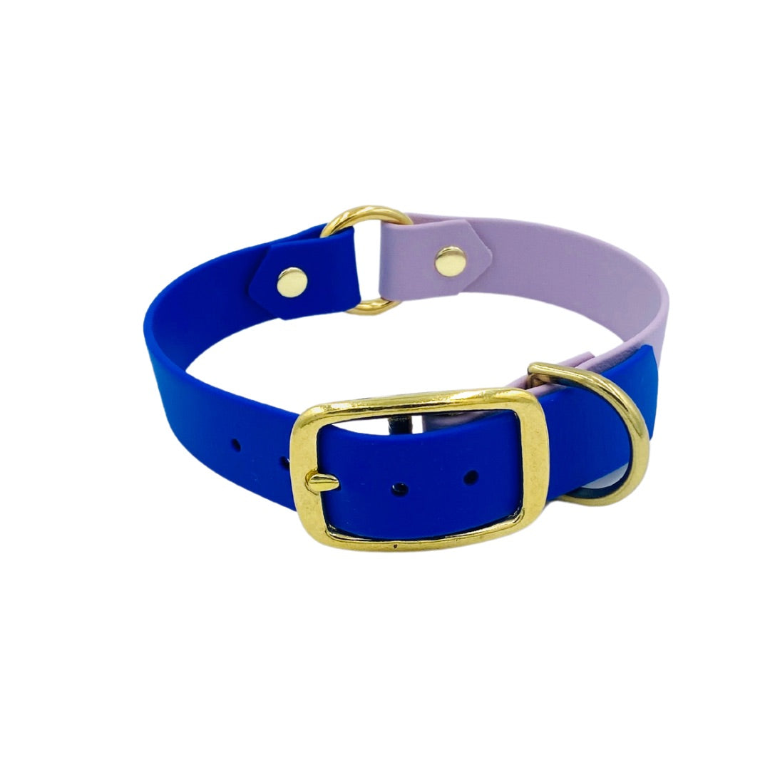 biothane hondenhalsband met kobalt en pastelpaars